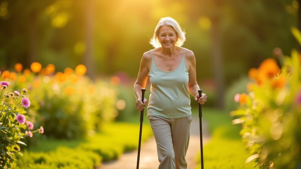 Pensionārs ar nūjām pastaigā, skaistā dabas fona priekšā